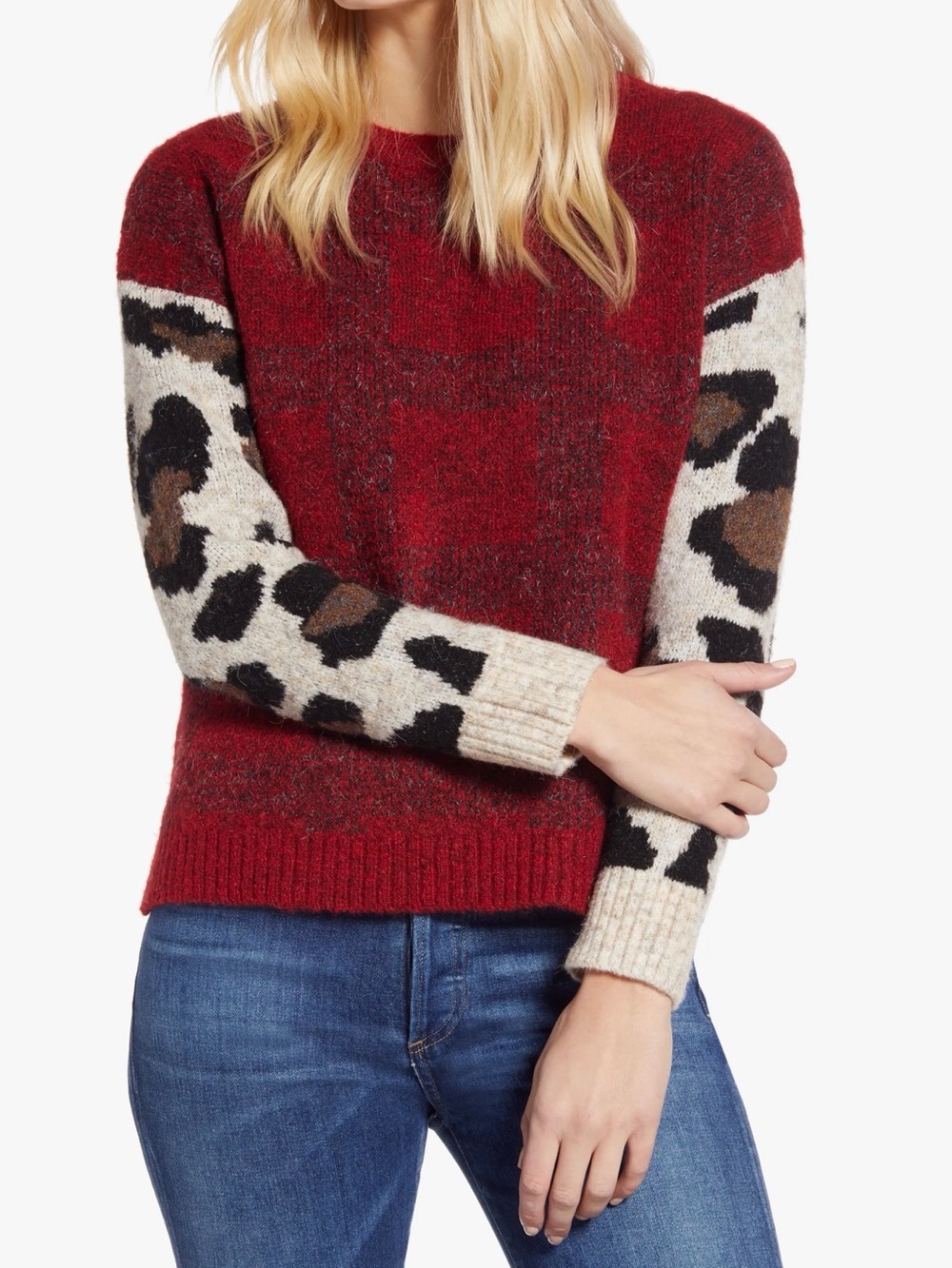 RD Style Red Burgundy Leopard Sleeve Crewneck Sweater Women’s Size S NWT